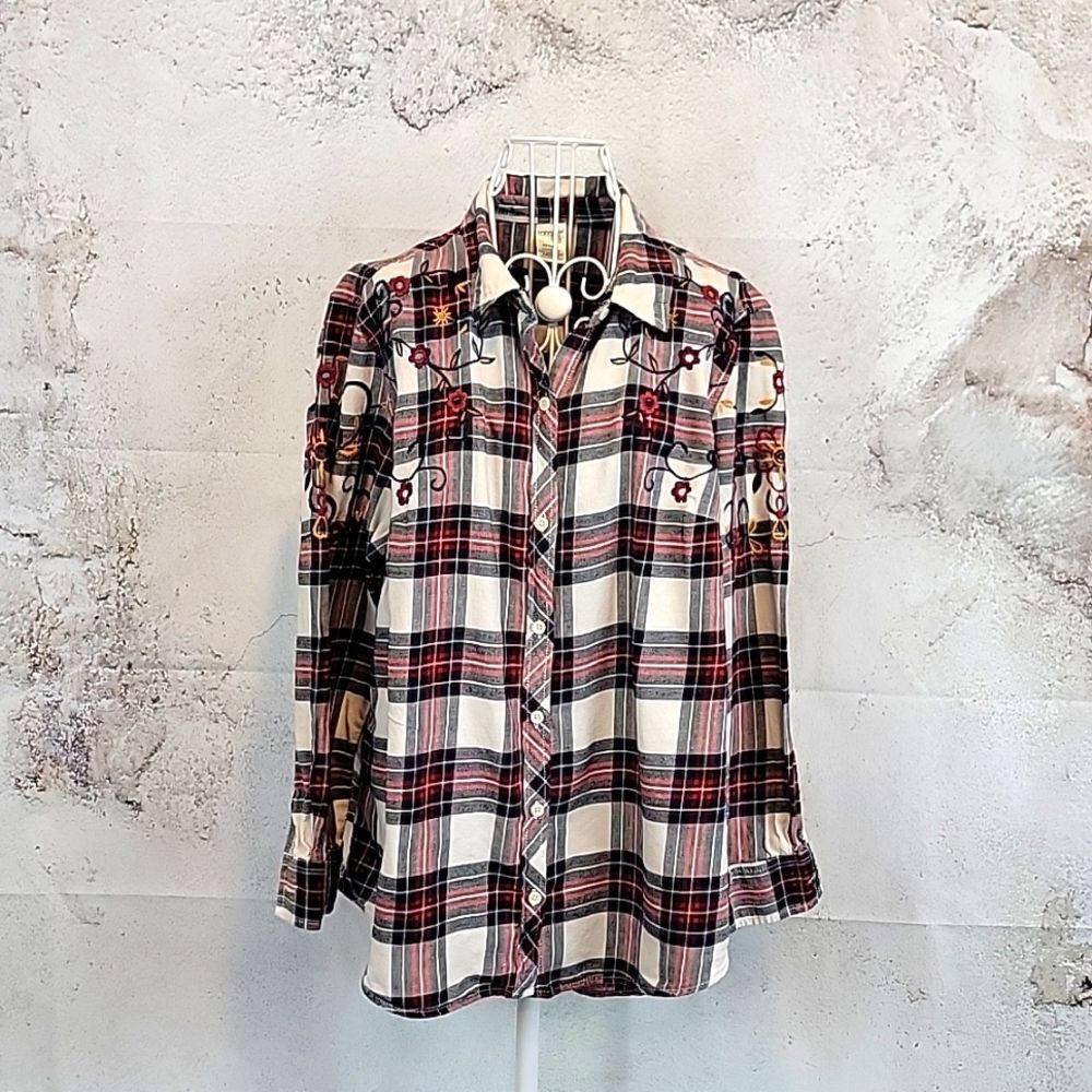 Terra & Sky plaid button-down shirt with floral embroidery Women's Size 14W